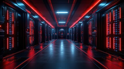 Futuristic server room corridor, red blue neon lights, data center background, tech concept