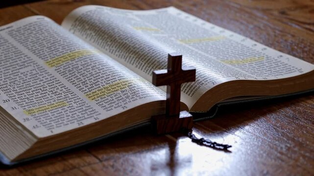 A Christian Bible lies open on a wooden table, showcasing highlighted verses. A small wooden cross rests on the pages, emphasizing the significance of faith and scripture.