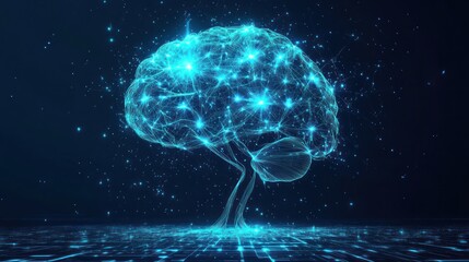 Glowing brain tree, digital network, abstract concept, technology background, website header