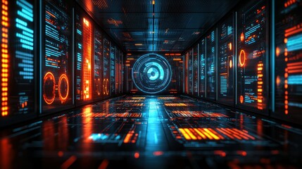 Futuristic server room, data processing, glowing displays, digital technology, tech background