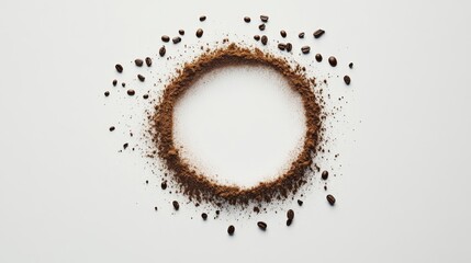 Artful coffee ring, dancing coffee beans, dusty powder circle, clean white surface, minimal food photography, orbital composition, suspended particle effect, top view aesthetic