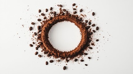 Artful coffee ring, dancing coffee beans, dusty powder circle, clean white surface, minimal food photography, orbital composition, suspended particle effect, top view aesthetic