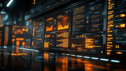 Futuristic server room displays data analytics