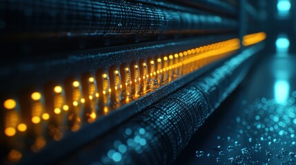 Futuristic server room; glowing lights; data processing; technology background; website header