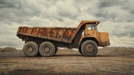 Obraz premium side view of articulated dump truck, industrial transportation, sand mounds, gravel heaps, construction zone, moody sky composition, earthy textures, rugged terrain, outdoor industrial scene