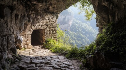 Hidden Opening in Rocky Mountain Passage Surrounded by Greenery