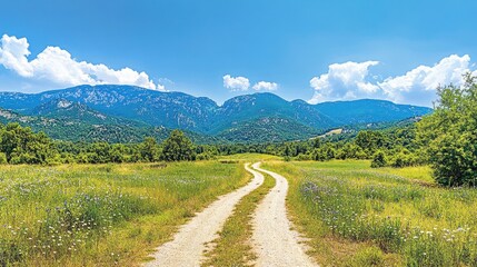 Fototapeta premium Scenic Mountain Landscape with Winding Path and Lush Green Meadow