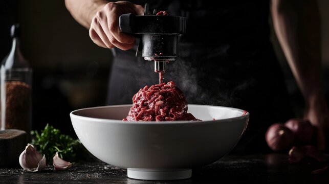 artisanal food preparation, meat grinder in action, white bowl composition, dark wood texture, moody lighting, professional culinary photography, raw ingredient study