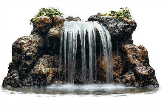 Selective focus water fall in backyard garden isolated on white background, Garden decoration water on white background.