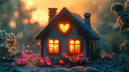 A charming, whimsical cottage with heart-shaped windows, glowing warmly amidst vibrant flowers, creating a fairy-tale atmosphere.