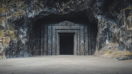 Monumental Carved Hall in Mountain Cave Entrance