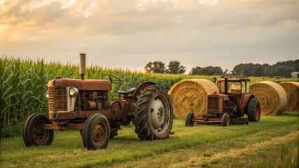 Obraz premium Vintage Tractors on Rustic Farm Landscape with Golden Hay Bales at Sunset