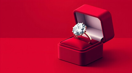 Luxury Diamond Ring in a Vibrant Red Velvet Box on a Clean Background. Represents Elegance, Love, and Sophistication for Memorable Occasions.