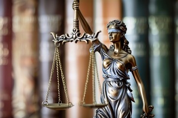 Statue of justice Goddess Themis on blurred background. Symbol of law. With copy space.