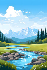 Digital mountain and river illustration graphic poster background