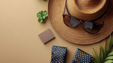 Honor Dad on Father's Day a straw hat, tie, giftbox, glasses, and a postcard on a soft beige backdrop.
