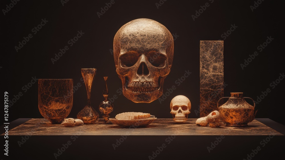 Wall mural A collection of ancient artifacts, including skulls and pottery, displayed artistically against a dark background, evoking themes of history and mystery.