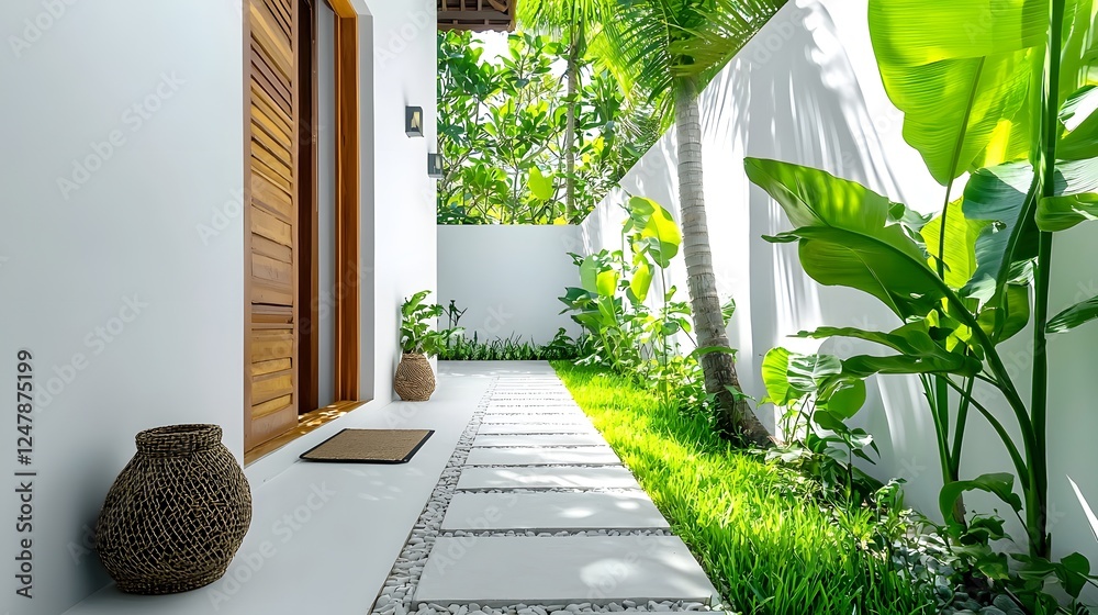 Poster lush tropical garden with towering palm trees and a clean white wall backdrop creating a serene and 