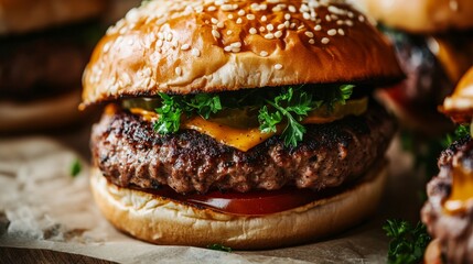 artisanal burger preparation, raw meat texture, parchment paper backdrop, chopped parsley garnish, professional food styling, neutral tones, extreme close-up