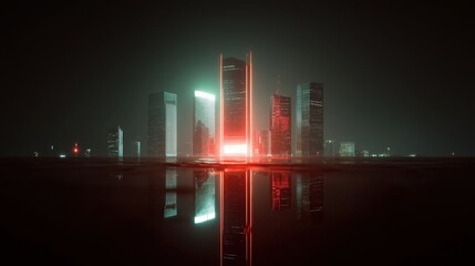 A futuristic city skyline illuminated by neon lights, reflecting on water, creating a vibrant, atmospheric scene.