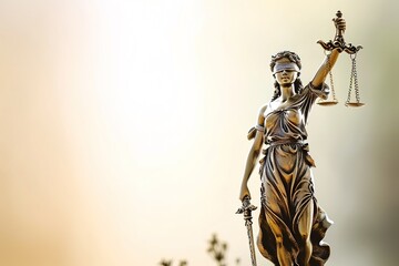 Statue of justice Goddess Themis on blurred background. Symbol of law. With copy space.