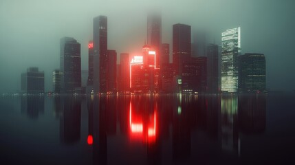 A foggy skyline at dusk, with towering skyscrapers illuminated by red lights reflecting on the calm water below.