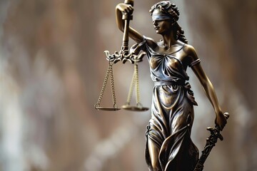 Statue of justice Goddess Themis on blurred background. Symbol of law. With copy space.