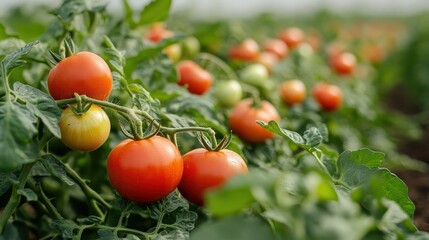 A vibrant tomato field with ripe red and green tomatoes growing on lush green vines under natural light.