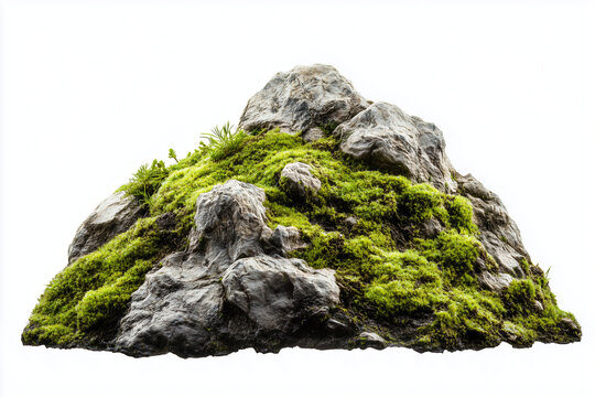 Selective focus moss on the rock isolated on white background, Tiny plant on the rock. - Powered by Adobe