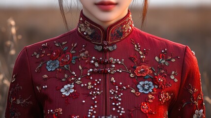 Red embroidered qipao, autumn field, fashion