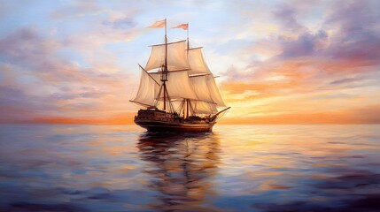 Obraz premium Tall ship sailing across the ocean at sunset beautifully painted