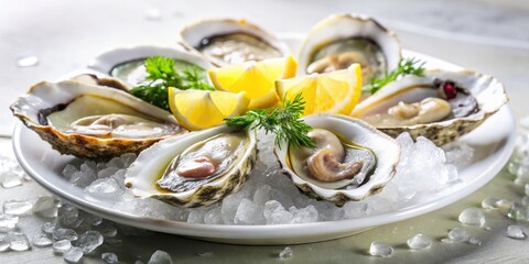 Fresh Oysters on Ice with Lemon - Seafood Appetizer, Gourmet Food Photography, Restaurant Menu Image