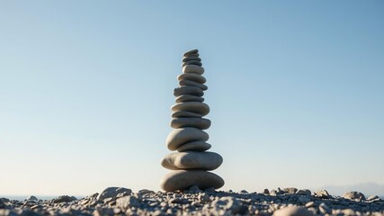A beautiful stack of rocks standing in a balanced formation under the clear sky in a serene outdoor setting, mindfulness, stack, outdoors
