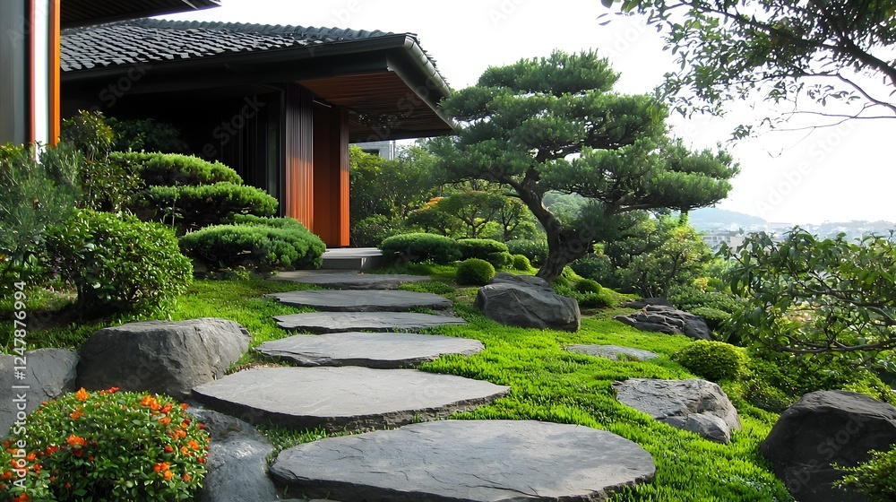 Poster minimalist front yard landscape with stone path and neatly trimmed bonsai trees in a peaceful zen in