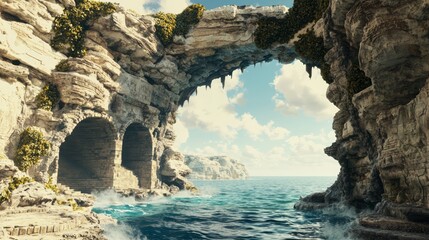Colossal Natural Arch over Serene Seascape with Ancient Structures