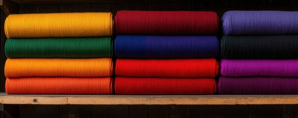 A vibrant display of rolled fabric in various colors, neatly arranged on a shelf, showcasing rich textures and a spectrum of hues.