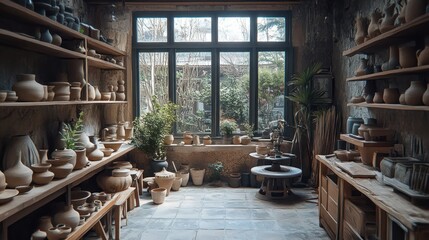 Artisanal Pottery Studio Filled with Handmade Clay Vessels and Natural Light