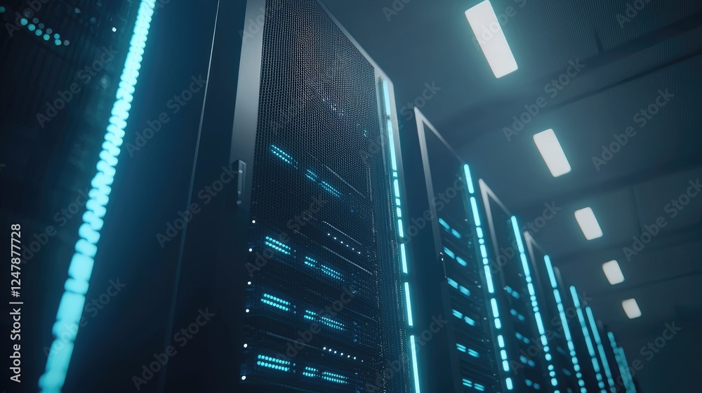 Poster Close-up view of illuminated server racks in a modern data center for IT infrastructure visuals, tech presentations, and cybersecurity promotions