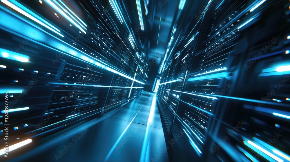 Poster dynamic data center with glowing blue lights and fast-motion effect for technology promotions, it in