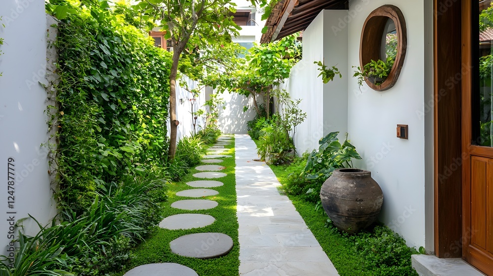 Poster narrow modern garden with lush vertical greenery cascading down a clean white wall creating a serene