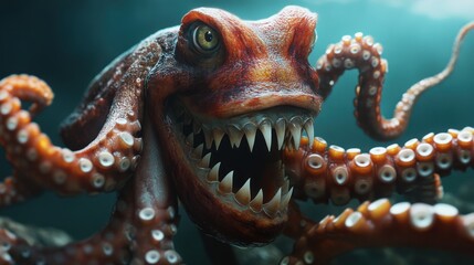 Obraz premium Deep Sea Terror: A monstrous Kraken with razor-sharp teeth.
