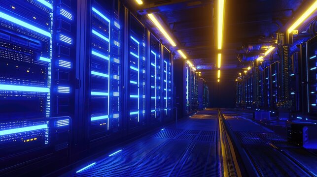 Futuristic data center hallway with illuminated blue and yellow lights for IT infrastructure, networking visuals, and technology promotions