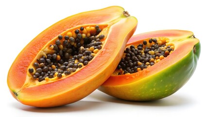 Halved Papaya Photography: Vibrant Orange Flesh, Black Seeds, White Background - Stock Image