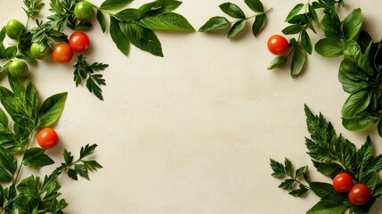 A vibrant arrangement of fresh herbs and tomatoes creates a natural frame on a light background, perfect for culinary presentations or recipes.