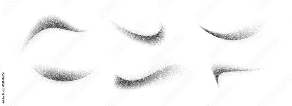 Poster stippled curved brush stroke set. wavy grainy spray element collection. black flowing sand splash pa
