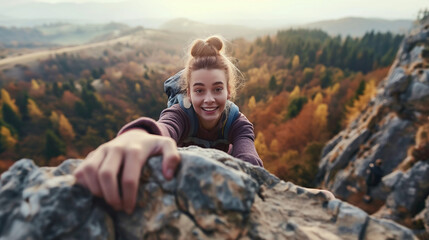 Young woman reaching the top of a rocky mountain.