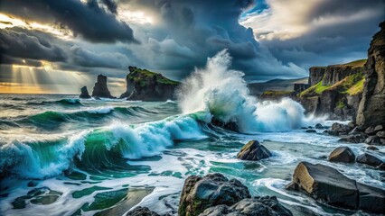 Fototapeta premium Iceland Ocean Waves Crashing Rocks Macro Photography - Stunning Coastal Images