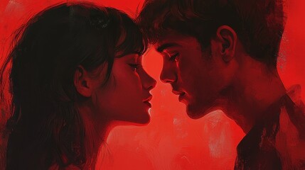 A romantic, intimate moment between a man and a woman, set against a vibrant red background, highlighting their connection.