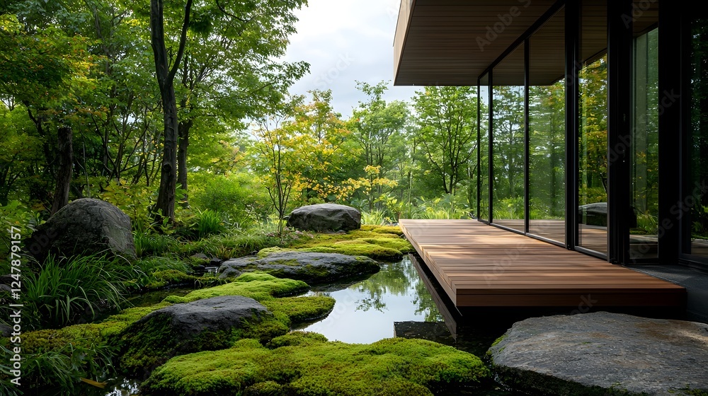 Poster peaceful and tranquil minimalist entrance garden with moss covered rocks a small water feature and a