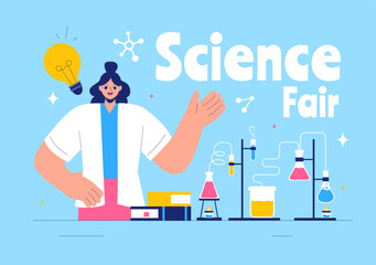 Science Fair Vector Illustration featuring a Chemist Conducting Chemical Experiments for Scientific Analysis, Data Collection, Research and Survey